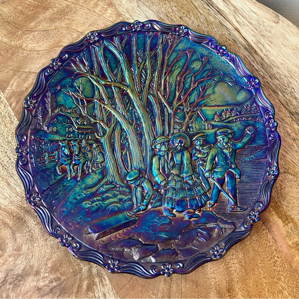 Fenton | Vintage 1985 Courier And Ives Winter Pastime Carnival Glass Plate